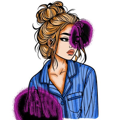 realistic woman with pajamas on and a messy bun