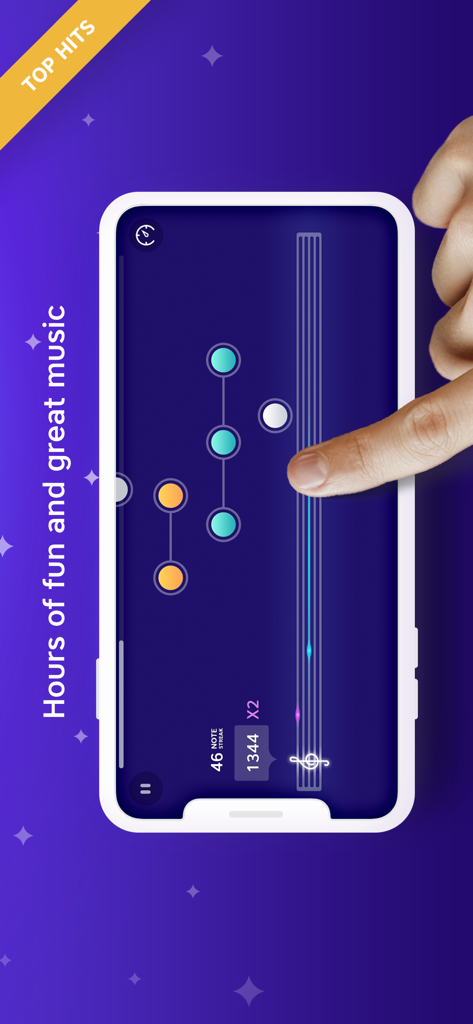 A finger playing notes on the gamified interface of the Piano app by Yokee