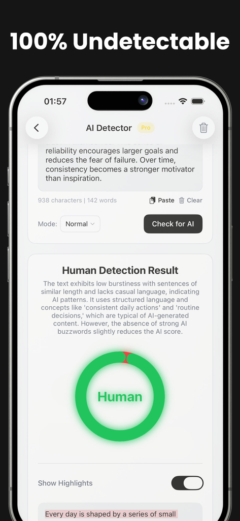 Interface of the Stealth Writer Humanizer AI app showing an AI detector result confirming text as human with a green circular indicator