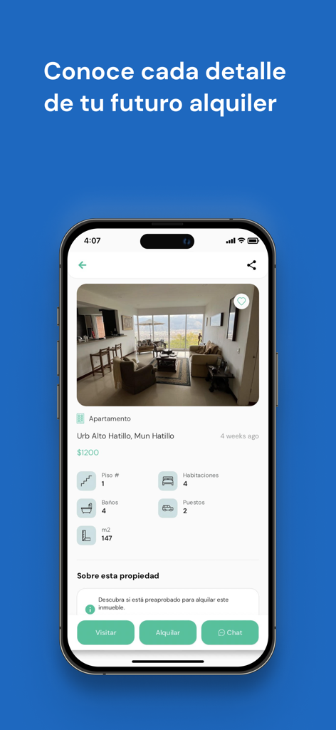 Quarto - Listado detallado de alquiler de apartamentos en la app móvil Quarto mostrando el precio y las características de la propiedad.