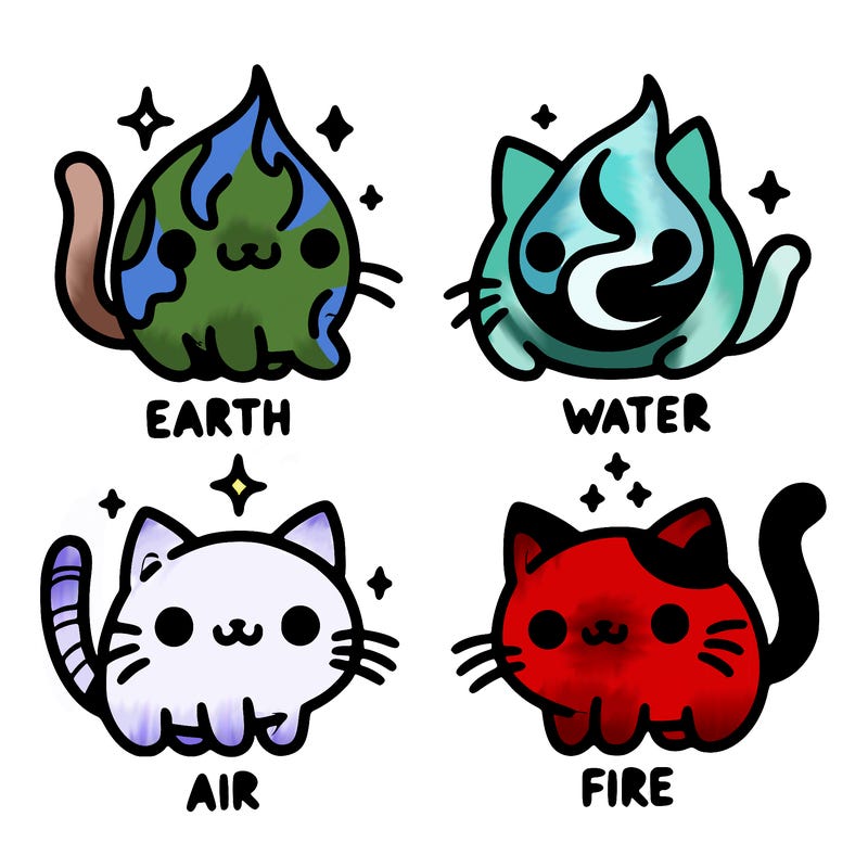 4 cats that represent the different elements, earth, water, air, and fire