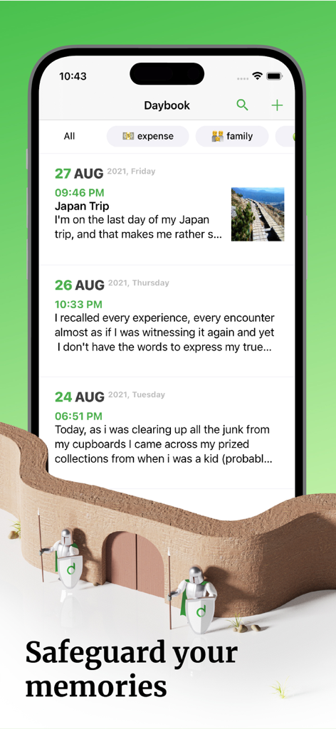Daybook: AI Journal & Diary - Daybook app interface showing personal journal entries and security features