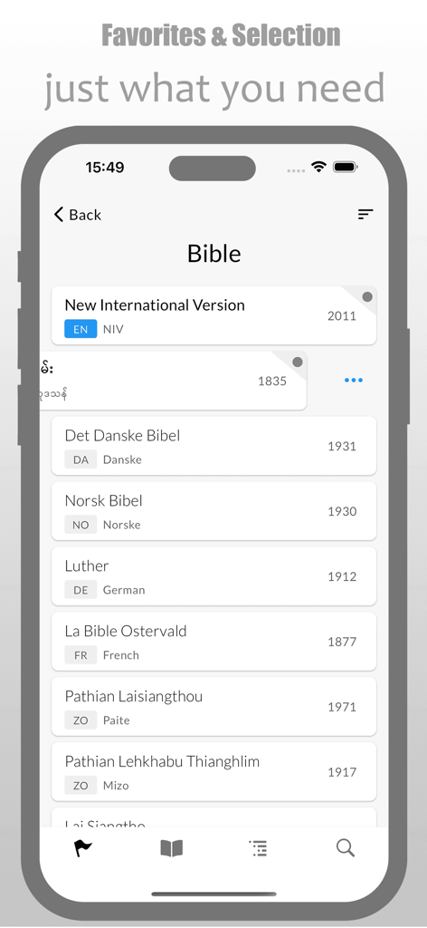 Screenshot of the Lai Siangtho app showing a list of Bible translations in multiple languages