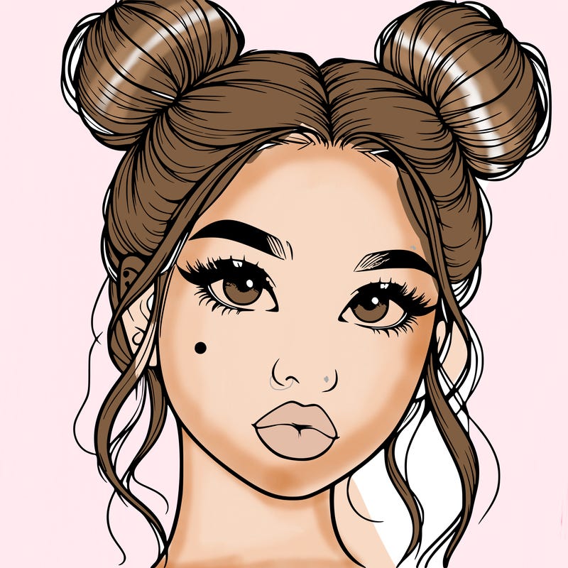 realistic girl with two buns on her hair and lips