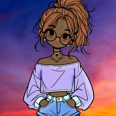 girl with a messy ponytail glasses a baggy crop top and jean shorts