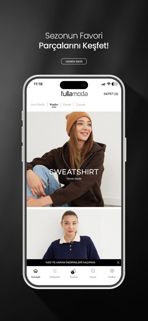 FullaModa - FullaModa mobile shopping app displaying women fashion and seasonal discounts on an iPhone screen
