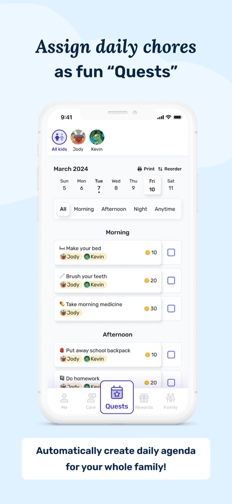 Joon: Kids ADHD Chore Tracker - Joon app screen showing a daily agenda of household chores assigned as quests for children
