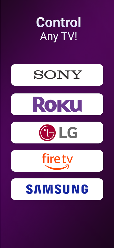 Universal TV Remote Controller - Interfaz mostrando compatibilidad con las principales marcas de Smart TV, incluyendo Sony Roku LG Fire TV y Samsung