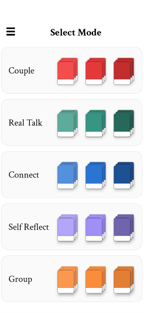 Cairds app screen for selecting conversation modes including Couple and Group