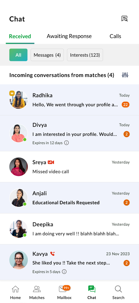 KannadaMatrimony: Marriage App - Chat interface of the KannadaMatrimony app showing incoming messages and match requests