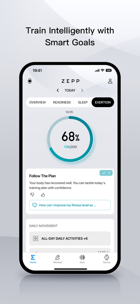 Interface of the Zepp app showing a percentage exertion score and personalized training advice based on recovery data.