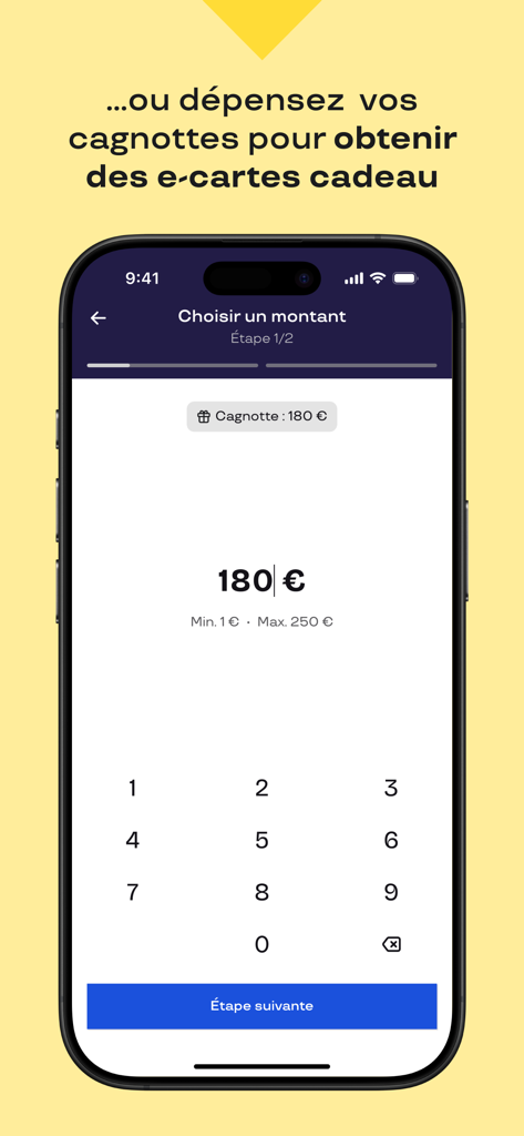Mobile interface of Pluxee Cadeaux app showing the screen to choose an e-gift card amount from an employee reward balance