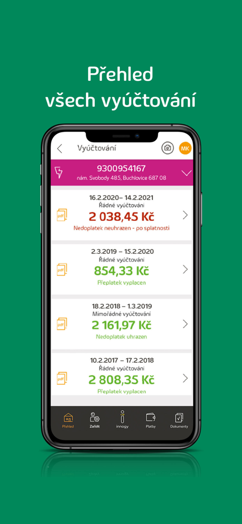 innogy innosvět - Mobile app screen showing a list of energy invoices with payment status and amounts