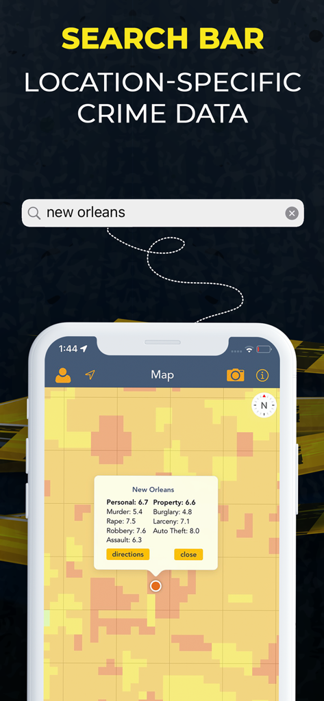 Crime and Place: Stats & Map - Crime and Place app displaying crime statistics and heat map for a specific location search