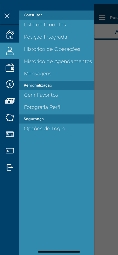 netCEM - Menú de navegación lateral de la aplicación de banca móvil netCEM que muestra la gestión de cuentas y las opciones de seguridad.