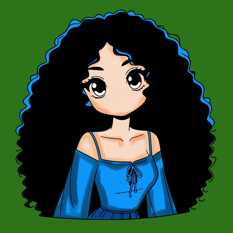 a black anime girl with long afro hair