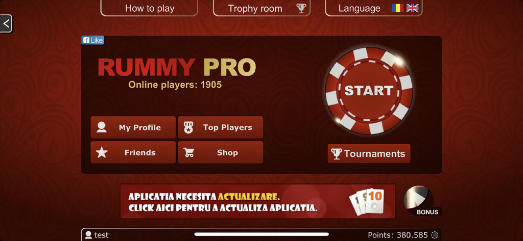 Schermata del menu principale del gioco mobile Rummy PRO con un grande pulsante di avvio e lo stato dei giocatori online