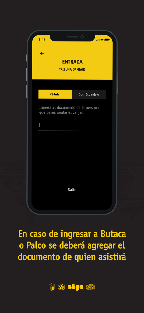 Mobile interface of the Peñarol CAPP app for entering identity documents for match ticket redemption