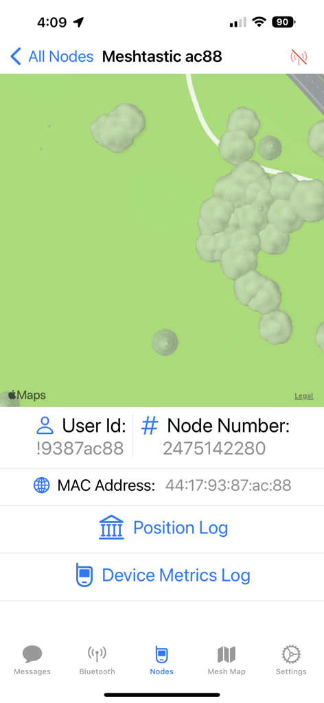 Meshtastic Mobile App Bildschirm mit technischen Details für einen Mesh-Knoten, einschließlich Benutzer-ID, Knotennummer und MAC-Adresse
