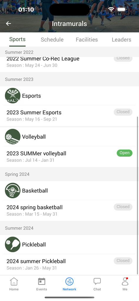 IMLeagues app screen displaying a list of collegiate intramural sports leagues including Esports Volleyball Basketball and Pickleball