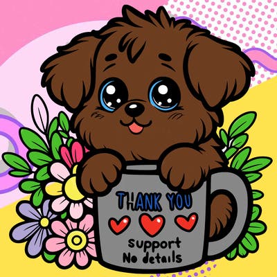 a really cute puppy holding a thank you for support mug with flowers everywhere