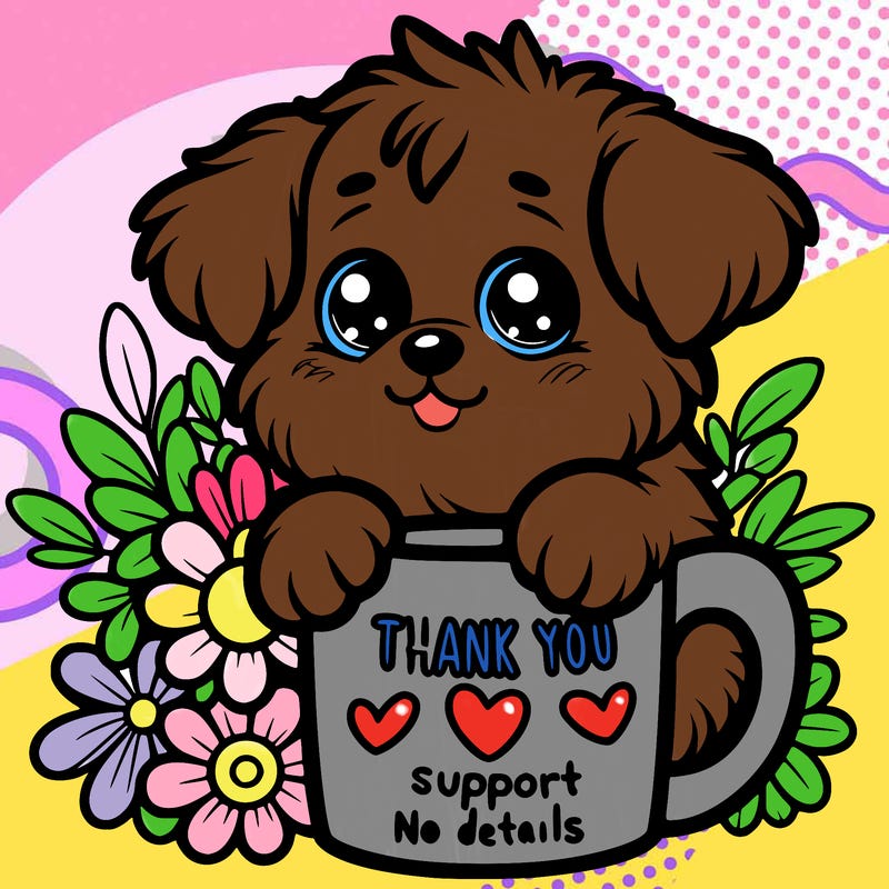 a really cute puppy holding a thank you for support mug with flowers everywhere