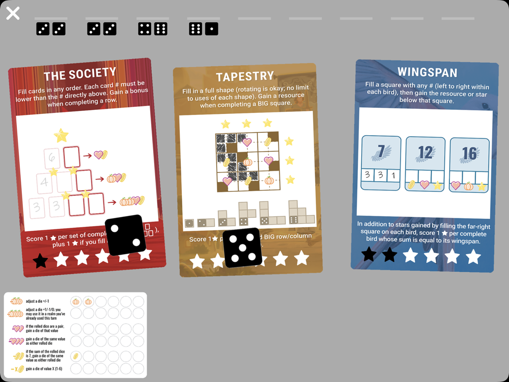 Rolling Realms - Rolling Realms digital interface showing gameplay cards for The Society Tapestry and Wingspan