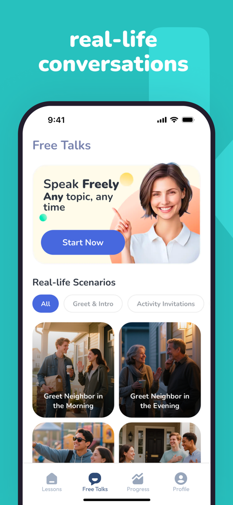 YayTalk: Learn & Speak English - Interfaz de la aplicación YayTalk con escenarios de práctica de conversación en inglés de la vida real