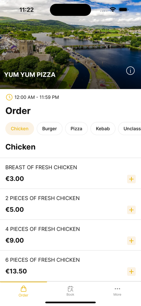 YUM YUM Application - YUM YUM PIZZA app order screen showing a menu of fresh chicken options with prices