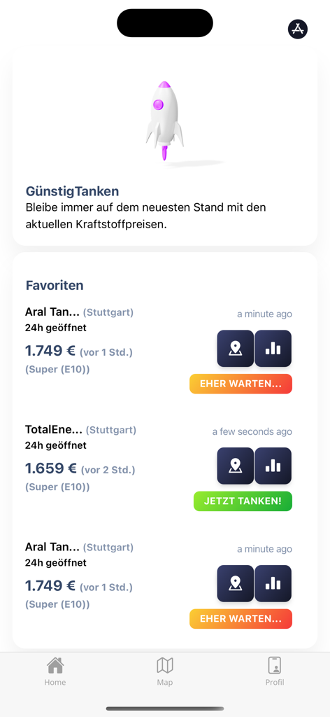 Interfaz de la aplicación móvil que muestra estaciones de servicio favoritas con precios actuales y recomendaciones inteligentes para repostar ahora o esperar.