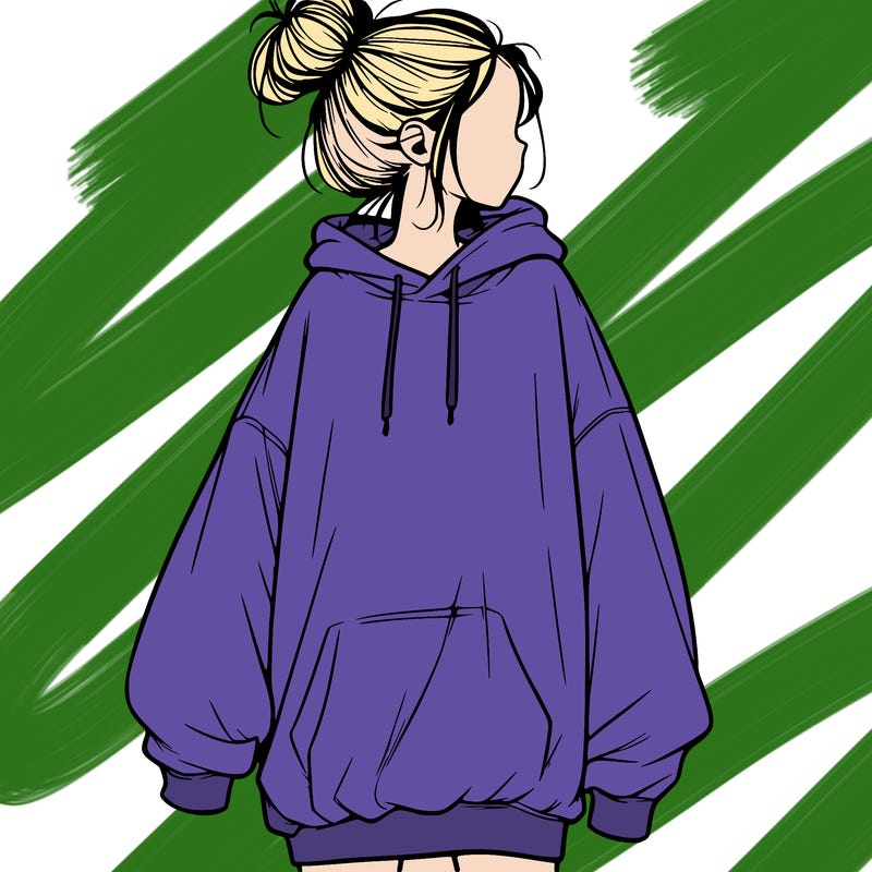 realistic girl with a oversized sweatshirt on and a bun