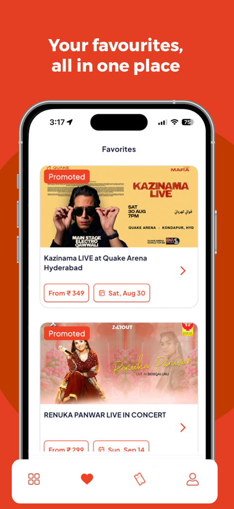 Ticketgenie App - Screenshot of the Ticketgenie app showing user favorites and upcoming live concert events