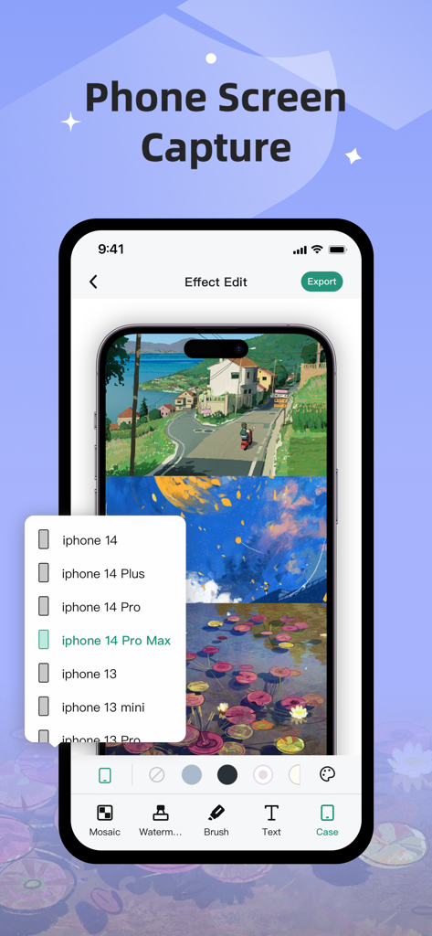 Pic Stitch：stitch long image - Interface de l'application Pic Stitch montrant comment ajouter un cadre iPhone à une longue capture d'écran assemblée