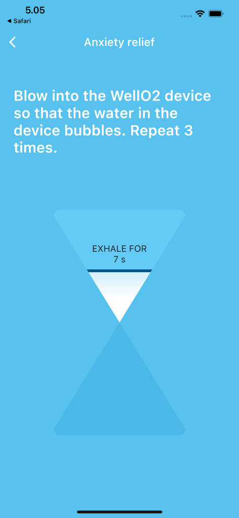 WellO2アプリの画面、7秒間の呼気タイマー付きの不安解消エクササイズを表示