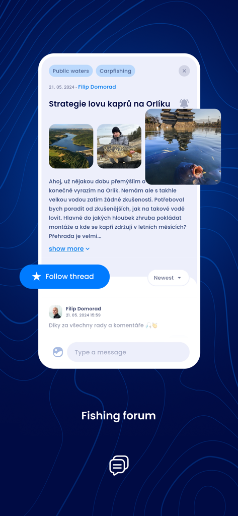 FISHSURFING - The FISHSURFING app fishing forum screen showing a community post about carp fishing strategies with angler photos and comments.