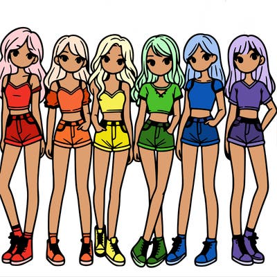a group of girls wearing crop tops and shorts