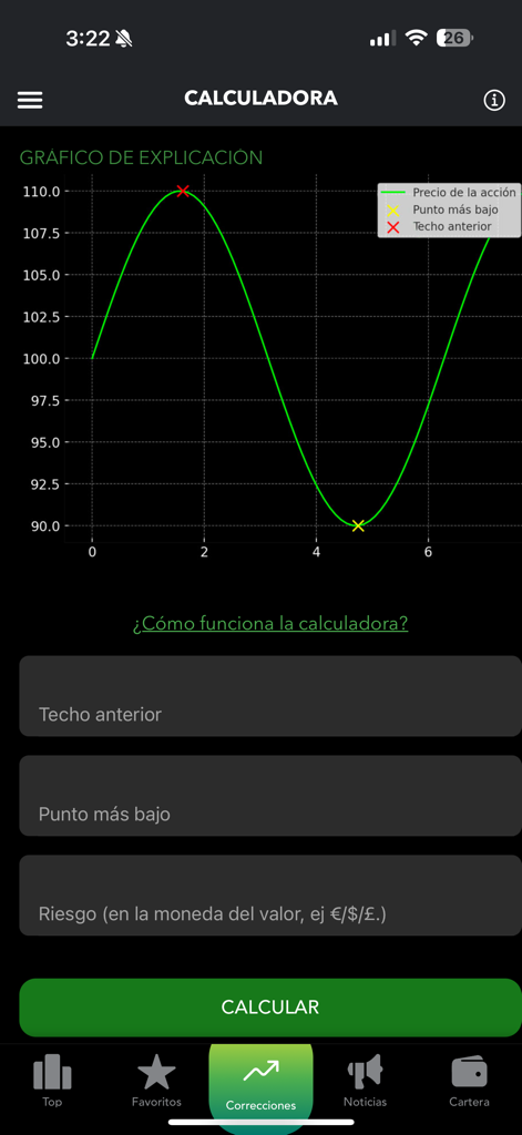 Midas Top - Midas Top app interface showing a stock and crypto correction calculator with a price movement graph.