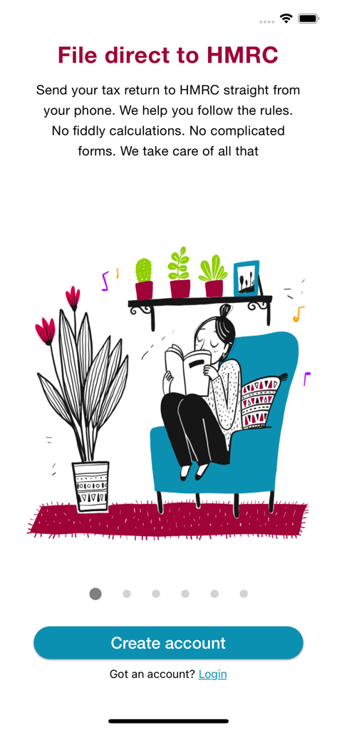 "untied" - personal tax app - Uma ilustração pacífica de uma pessoa lendo em uma cadeira com um texto explicando como declarar impostos diretamente para a HMRC a partir de um telefone celular