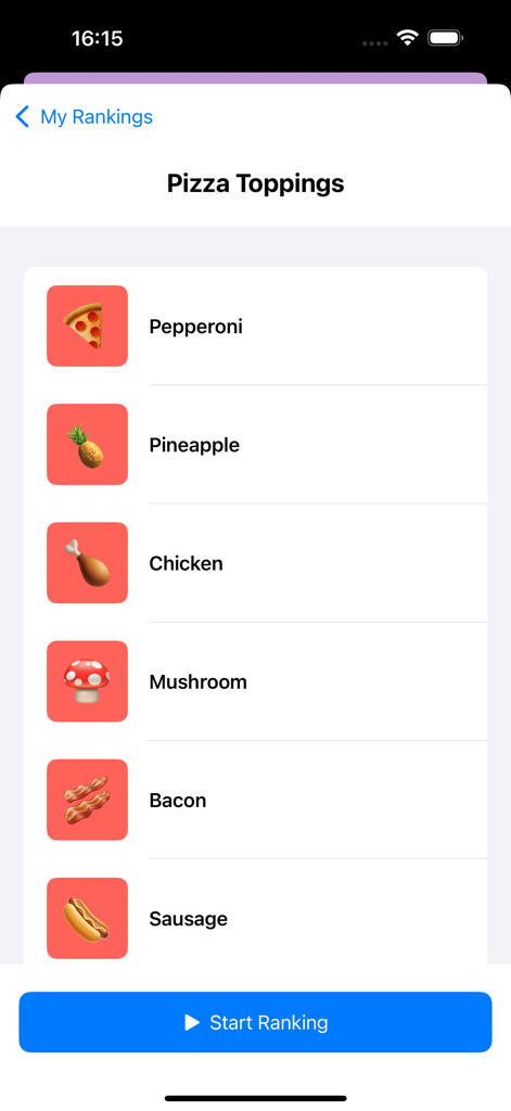 Blind Rank Filter Maker - Mobile app screen showing a list of pizza toppings for a blind ranking challenge