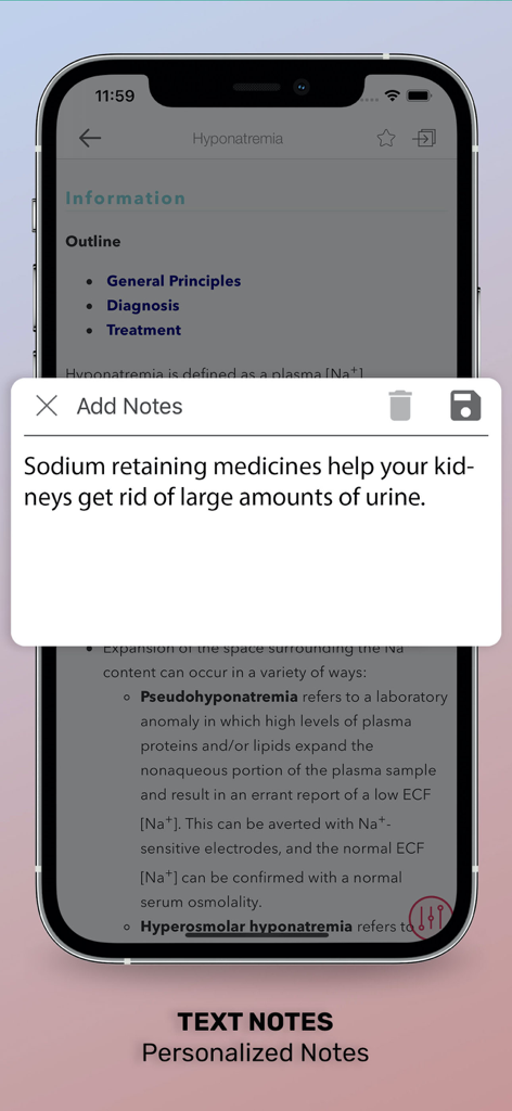 Washington Manual Medical Ther - Personalized text notes feature in the Washington Manual medical app