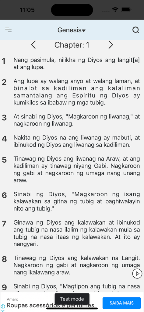 Ang Biblia - Tagalog Bible - A minimalist interface of the Ang Biblia Tagalog Bible app displaying verses from Genesis Chapter 1