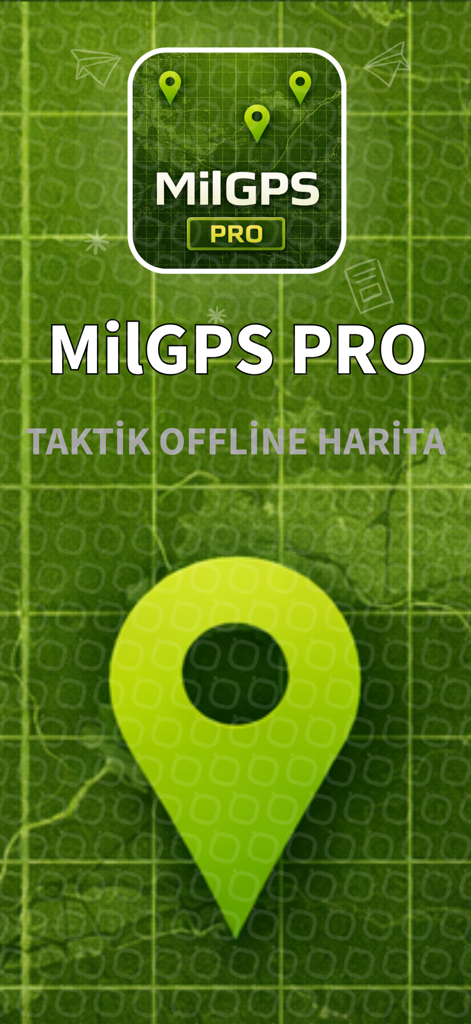 MilGPS PRO - MilGPS PRO app splash screen featuring tactical grid background and green map pins