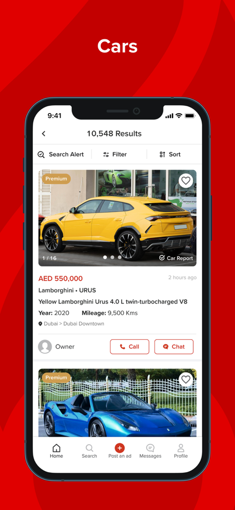 dubizzle - Capture d'écran de l'application Dubizzle affichant des annonces de voitures de luxe à vendre à Dubaï, avec notamment une Lamborghini Urus jaune.