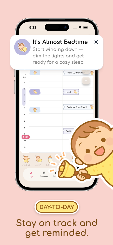 Cocoo: AI Baby Sleep Debugger - Smartphone screen showing the Cocoo app daily schedule and a bedtime notification reminder
