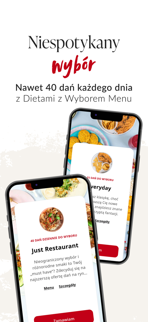 Maczfit - Two smartphones displaying the Maczfit app interface showcasing various daily meal delivery options