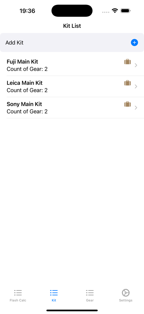 Manual Flash Calculator - Kit List screen in the Manual Flash Calculator app displaying organized camera gear sets for Fuji Leica and Sony