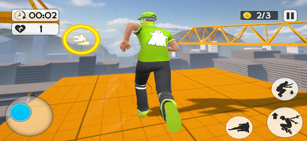 Rooftop Backflip Parkour Games - Character in a green shirt running on a rooftop in a parkour game