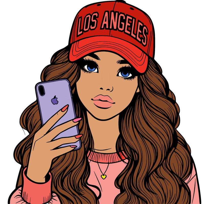 realistic beautiful girl wearing los ángeles cap holding an iphone