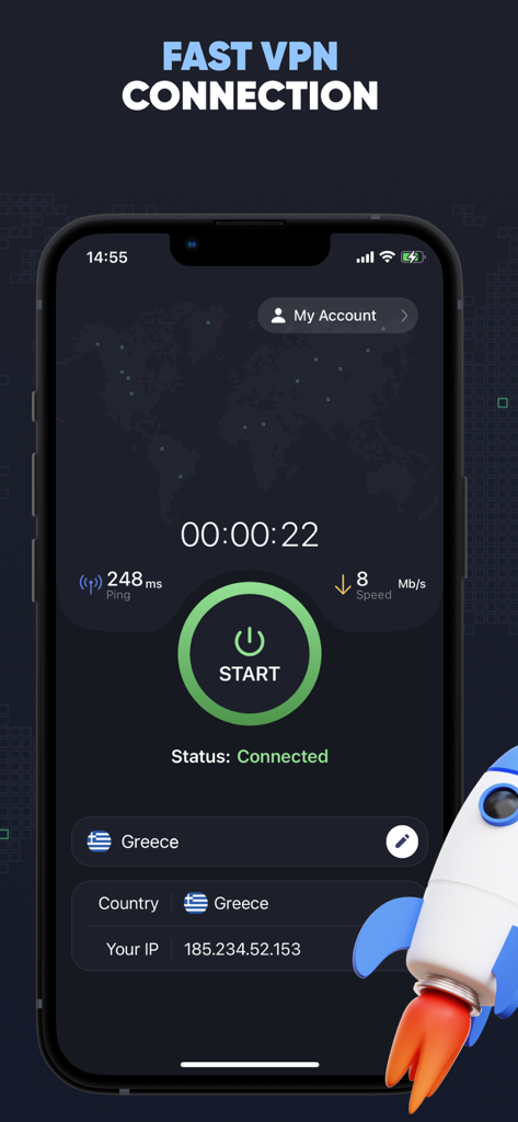 VPN Fox - VPN Fox interface on iPhone showing a successful connection to a Greece server with speed and ping metrics