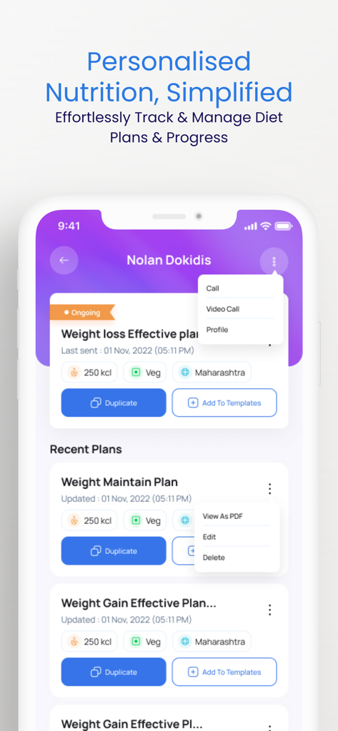 NutriSwift app interface showing personalized diet plan management and tracking for dietitians
